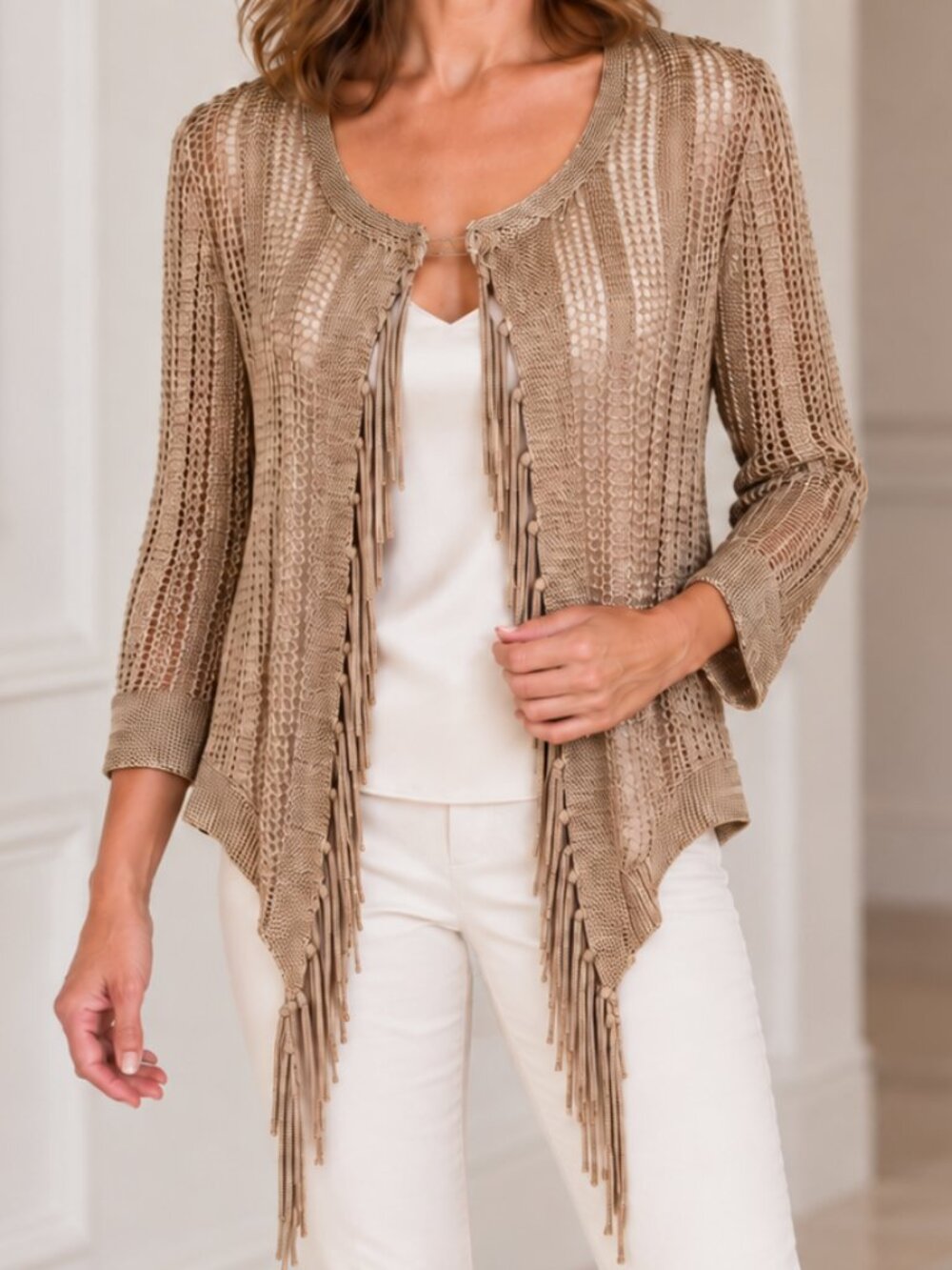 Fringe Open Knit Cardigan Chico's 1 Taupe Boho Lagenlook Fitted Sleeve Drape - Picture 11 of 11